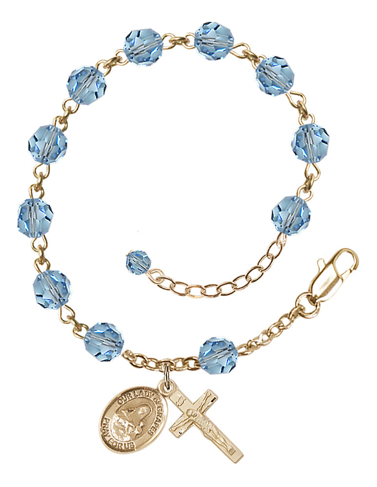 Our Lady of Grapes Rosary Bracelet - 14K Gold Filled - March - Aqua