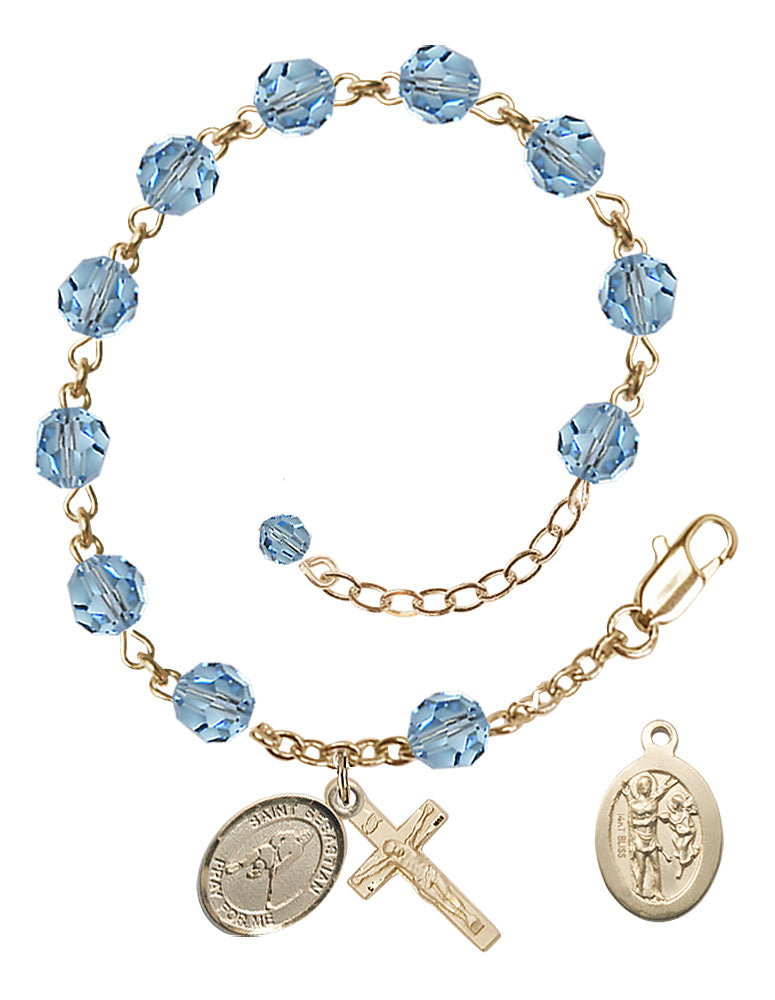 Saint Sebastian Ice Hockey Rosary Bracelet - 14K Gold - March - Aqua