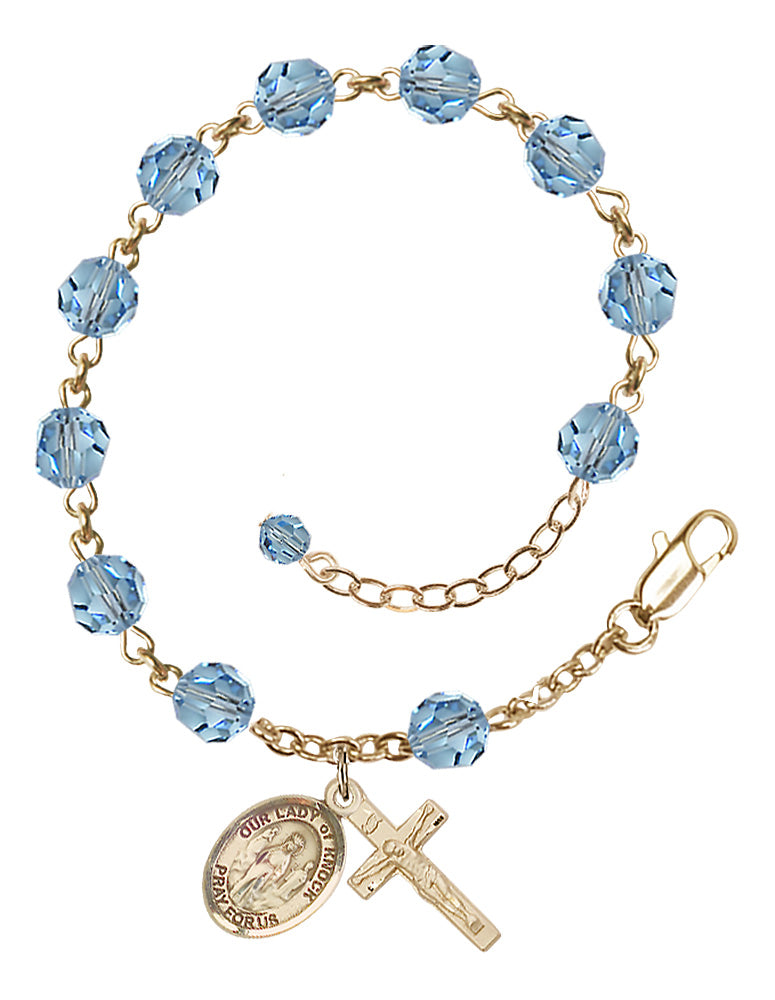Our Lady of Knock Rosary Bracelet - 14K Gold - March - Aqua