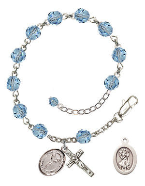 Saint Christopher Cheerleading Rosary Bracelet - Sterling Silver - March - Aqua