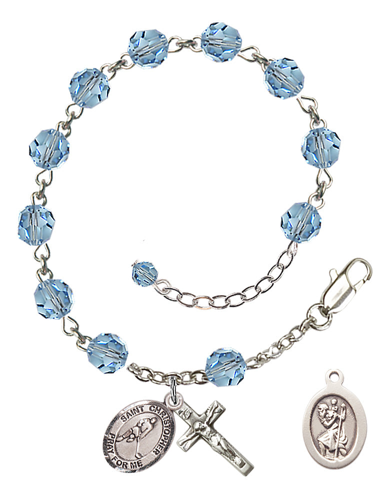 Saint Christopher Ice Hockey Rosary Bracelet - Sterling Silver - March - Aqua