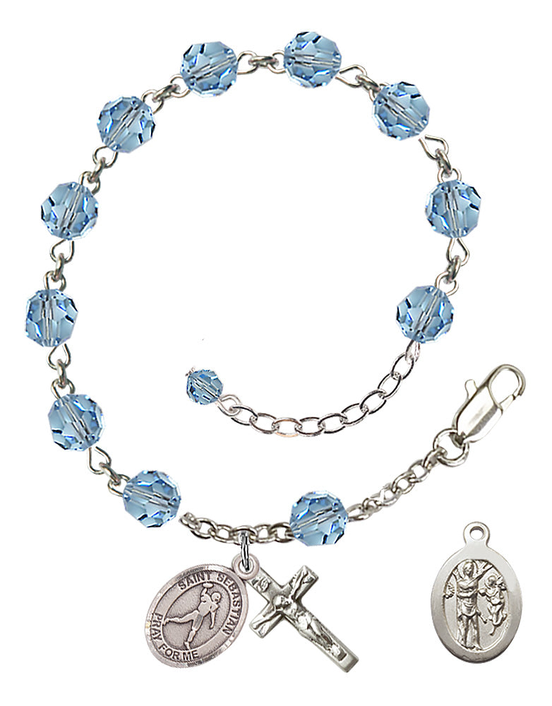 Saint Sebastian Football Rosary Bracelet - Sterling Silver - March - Aqua