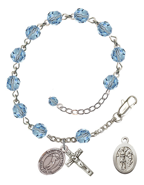 Saint Sebastian Golf Rosary Bracelet - Sterling Silver - March - Aqua