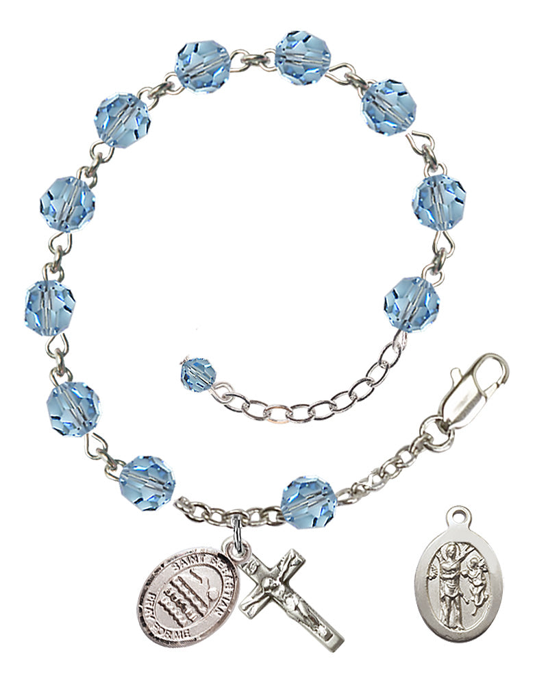 Saint Sebastian Swimming Rosary Bracelet - Sterling Silver - March - Aqua
