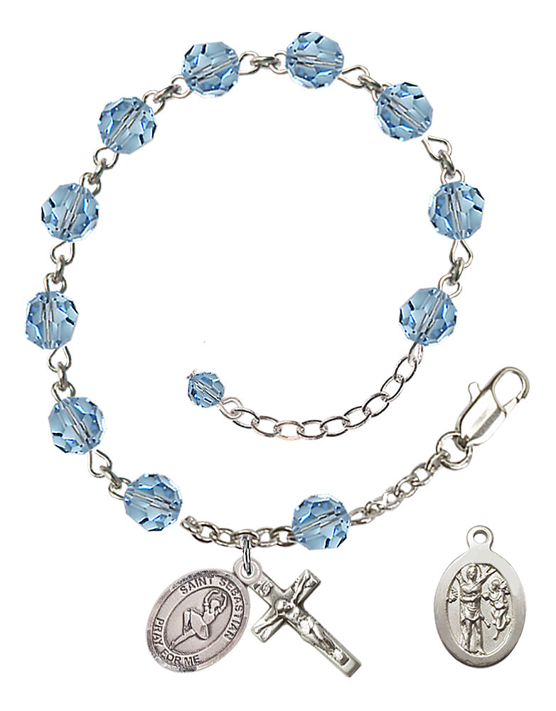 Saint Sebastian Dance Rosary Bracelet - Sterling Silver - March - Aqua