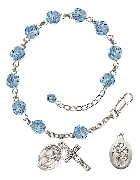 Saint Sebastian Figure Skating Rosary Bracelet - Sterling Silver - March - Aqua