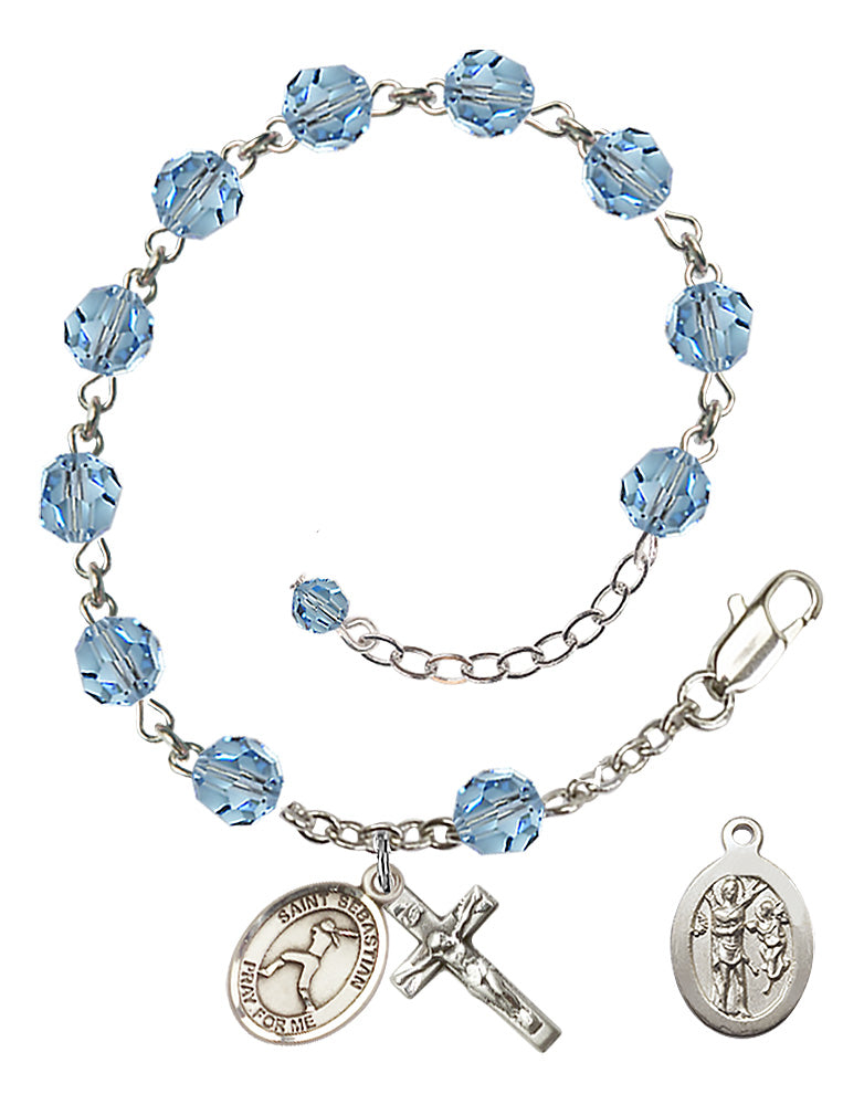 Saint Sebastian Softball Rosary Bracelet - Sterling Silver - March - Aqua