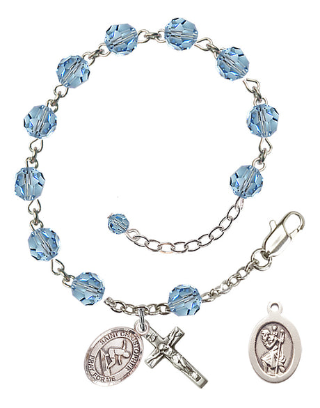 Saint Christopher Surfing Rosary Bracelet - Sterling Silver - March - Aqua