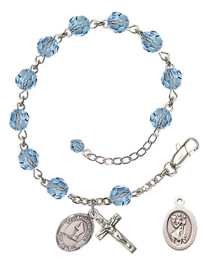 Saint Christopher Skiing Rosary Bracelet - Sterling Silver - March - Aqua