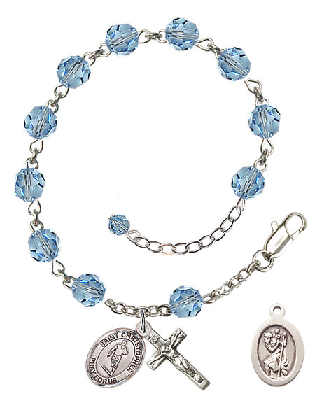Saint Christopher Rugby Rosary Bracelet - Sterling Silver - March - Aqua