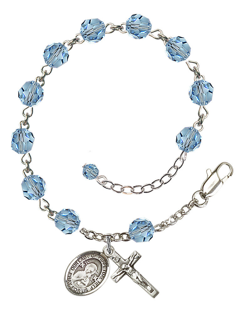 Our Lady of Perpetual Help Rosary Bracelet - Sterling Silver - March - Aqua