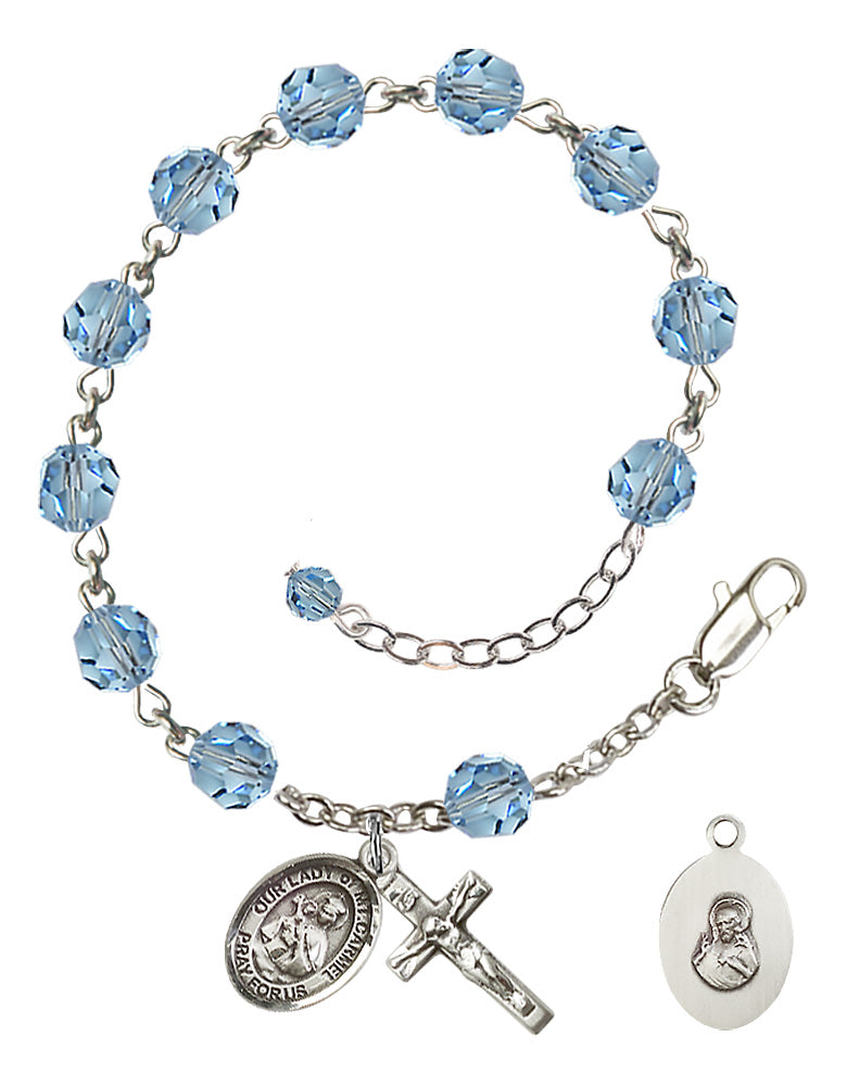 Our Lady of Mount Carmel Rosary Bracelet - Sterling Silver - March - Aqua