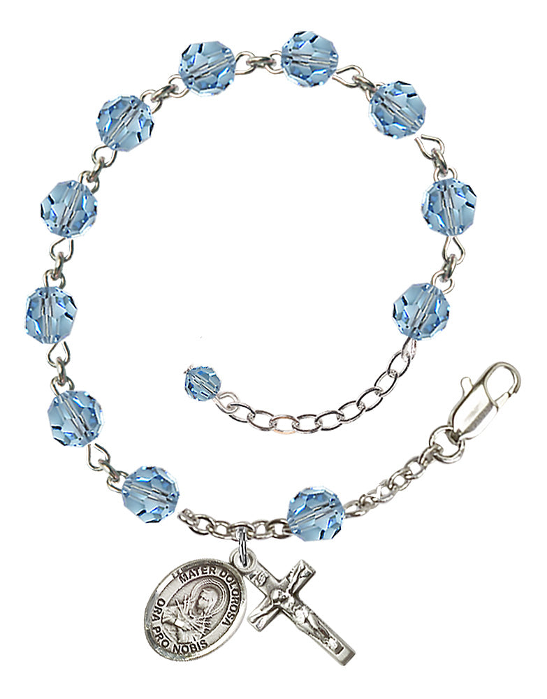Mater Dolorosa Rosary Bracelet - Sterling Silver - March - Aqua