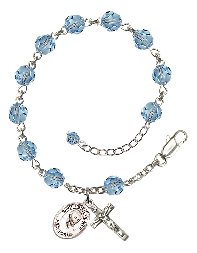 Saint Peter Claver Rosary Bracelet - Sterling Silver - March - Aqua