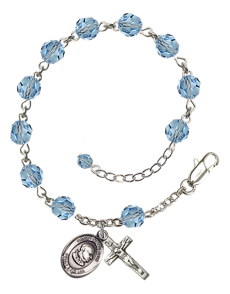 Saint John XXIII Rosary Bracelet - Sterling Silver - March - Aqua