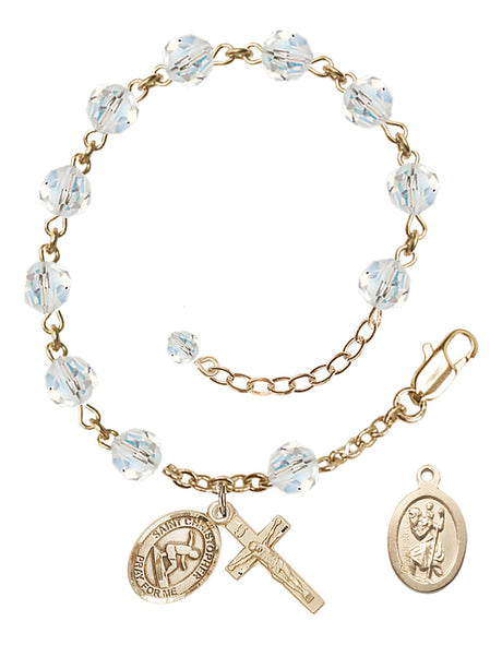 Saint Christopher Surfing Rosary Bracelet - 14K Gold Filled - April - Crystal