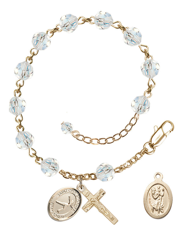 Saint Christopher Figure Skating Rosary Bracelet - 14K Gold - April - Crystal