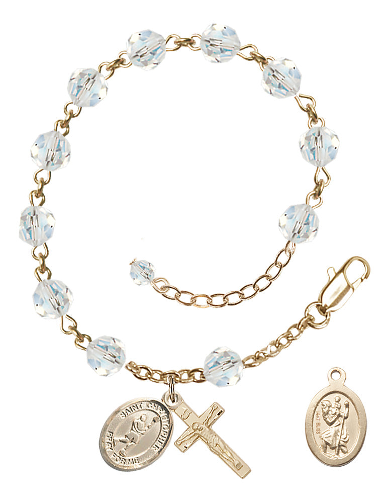 Saint Christopher Lacrosse Rosary Bracelet - 14K Gold - April - Crystal
