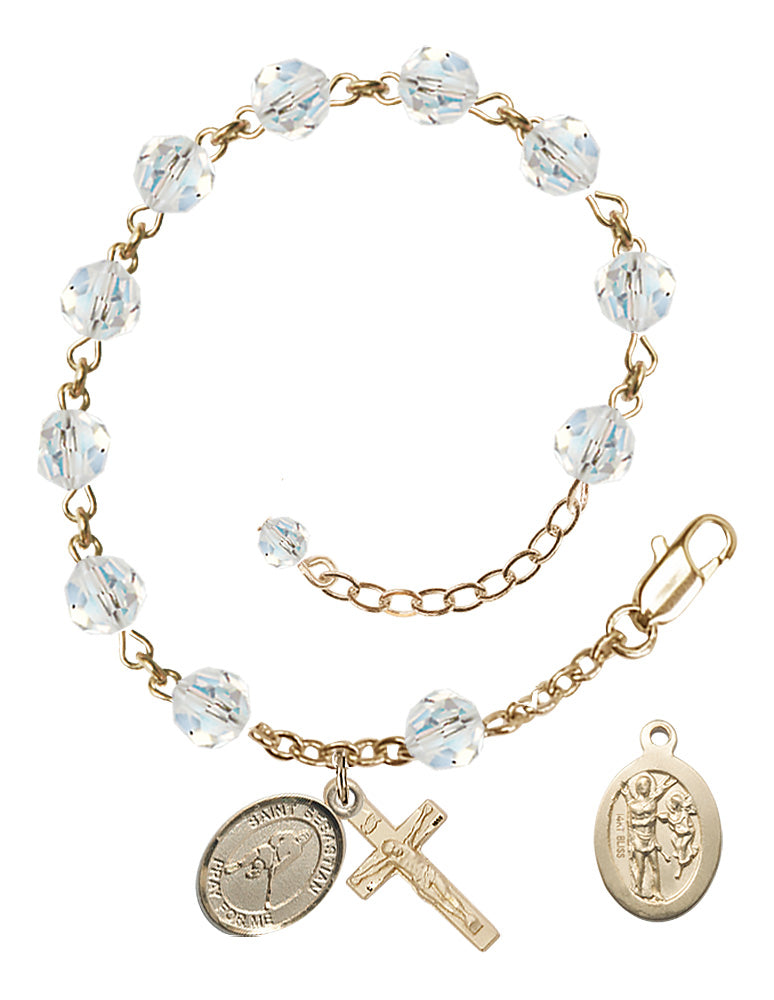 Saint Sebastian Ice Hockey Rosary Bracelet - 14K Gold - April - Crystal