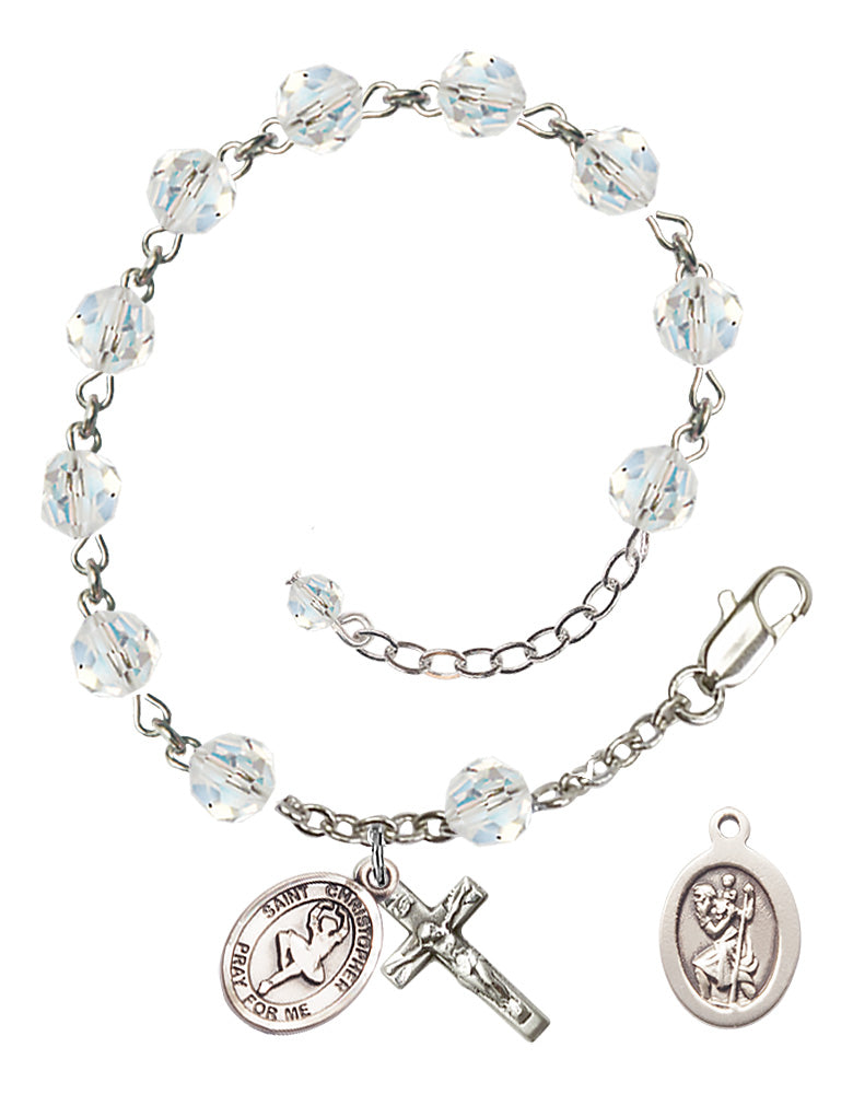 Saint Christopher Dance Rosary Bracelet - Sterling Silver - April - Crystal