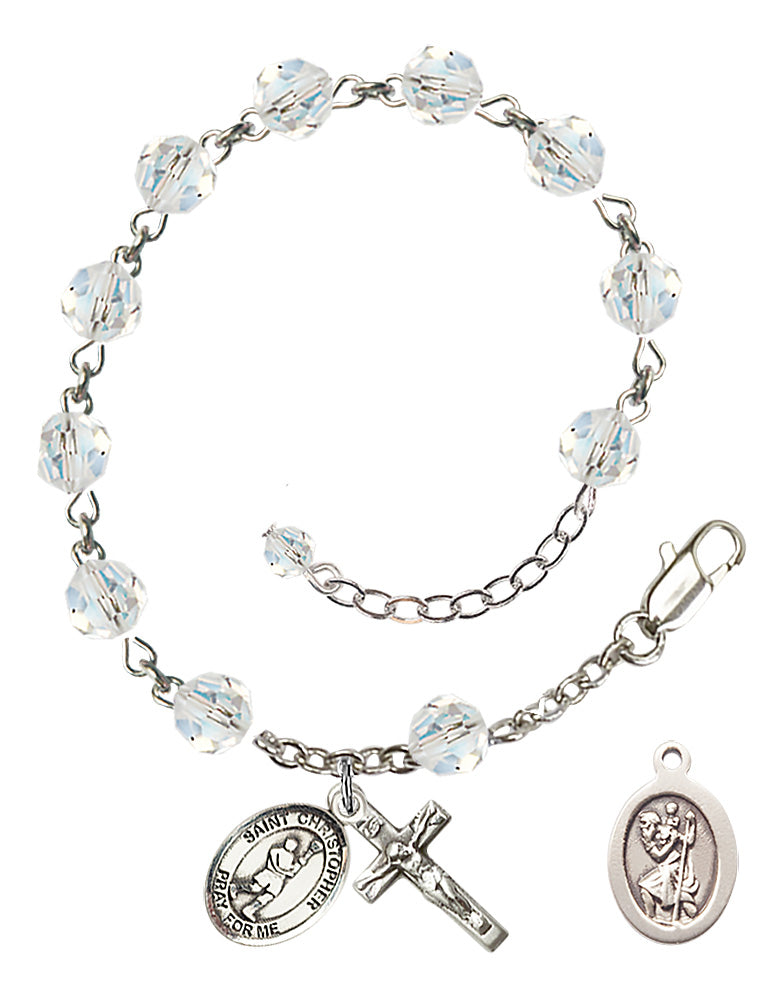 Saint Christopher Lacrosse Rosary Bracelet - Sterling Silver - April - Crystal