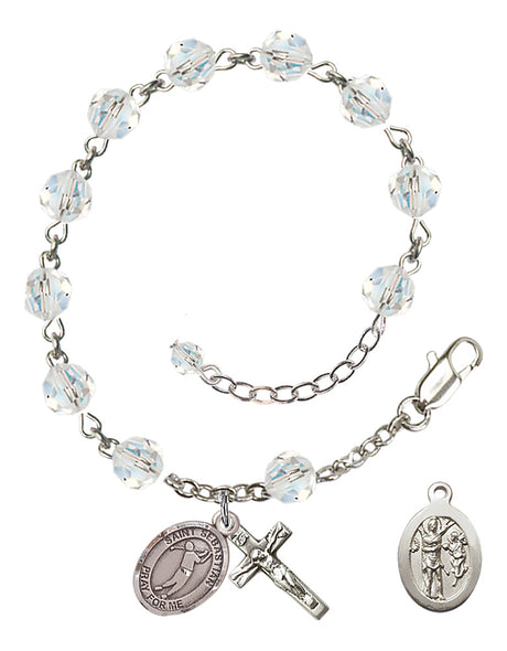 Saint Sebastian Golf Rosary Bracelet - Sterling Silver - April - Crystal