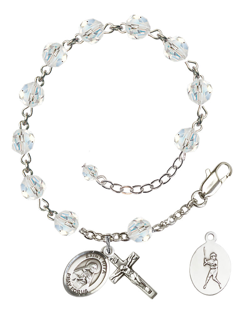Saint Rita Baseball Rosary Bracelet - Sterling Silver - April - Crystal