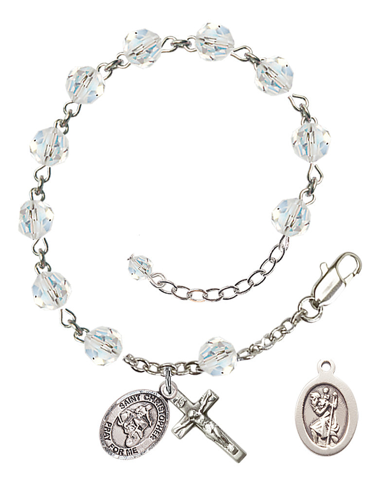 Saint Christopher Motorcycle Rosary Bracelet - Sterling Silver - April - Crystal