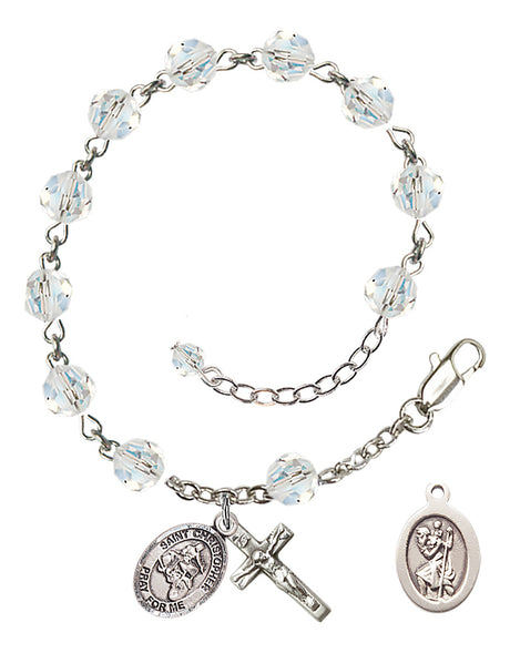 Saint Christopher Motorcycle Rosary Bracelet - Sterling Silver - April - Crystal