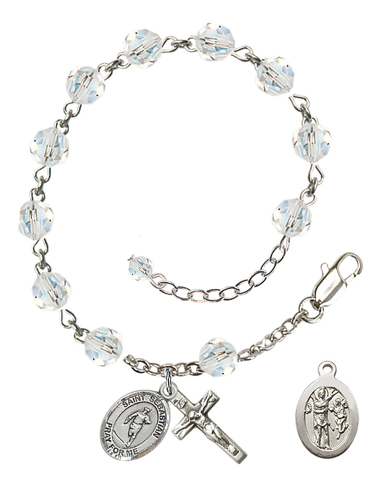 Saint Sebastian Rugby Rosary Bracelet - Sterling Silver - April - Crystal