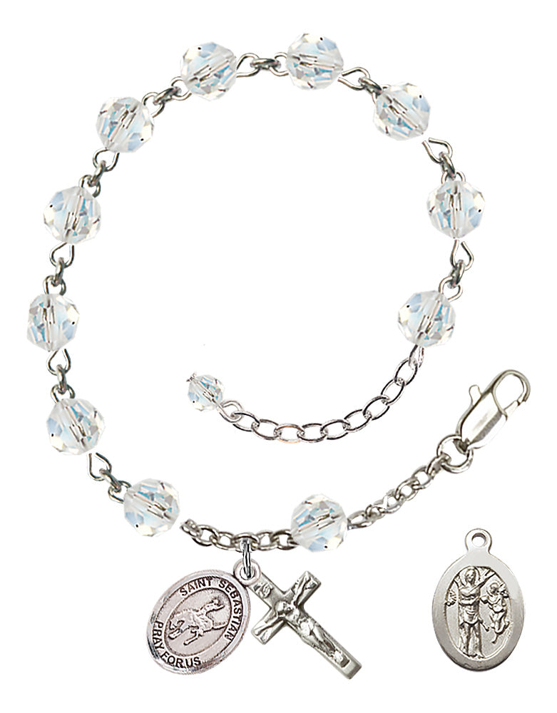Saint Sebastian Rodeo Rosary Bracelet - Sterling Silver - April - Crystal