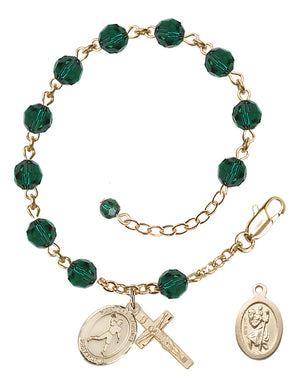 Saint Christopher Football Rosary Bracelet - 14K Gold - May - Emerald
