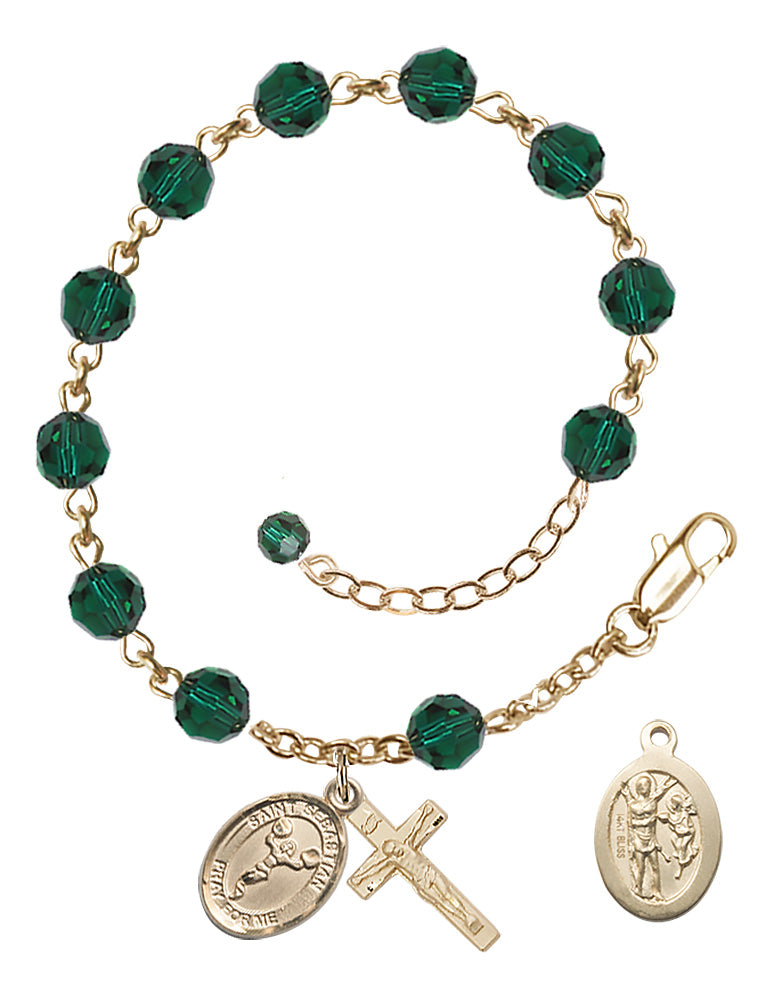 Saint Sebastian Cheerleading Rosary Bracelet - 14K Gold - May - Emerald