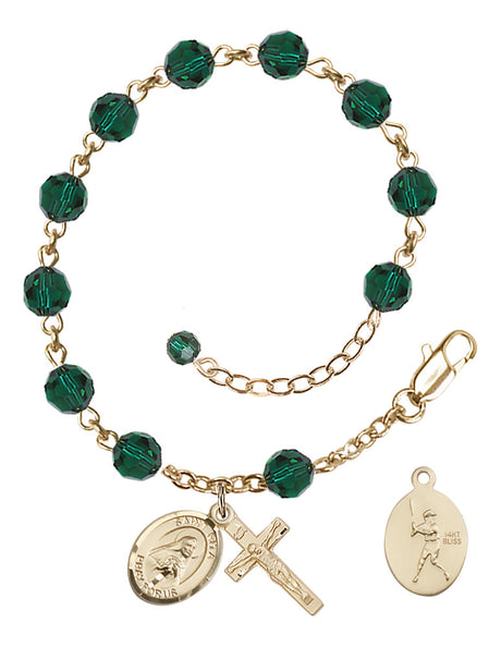 Saint Rita Baseball Rosary Bracelet - 14K Gold - May - Emerald