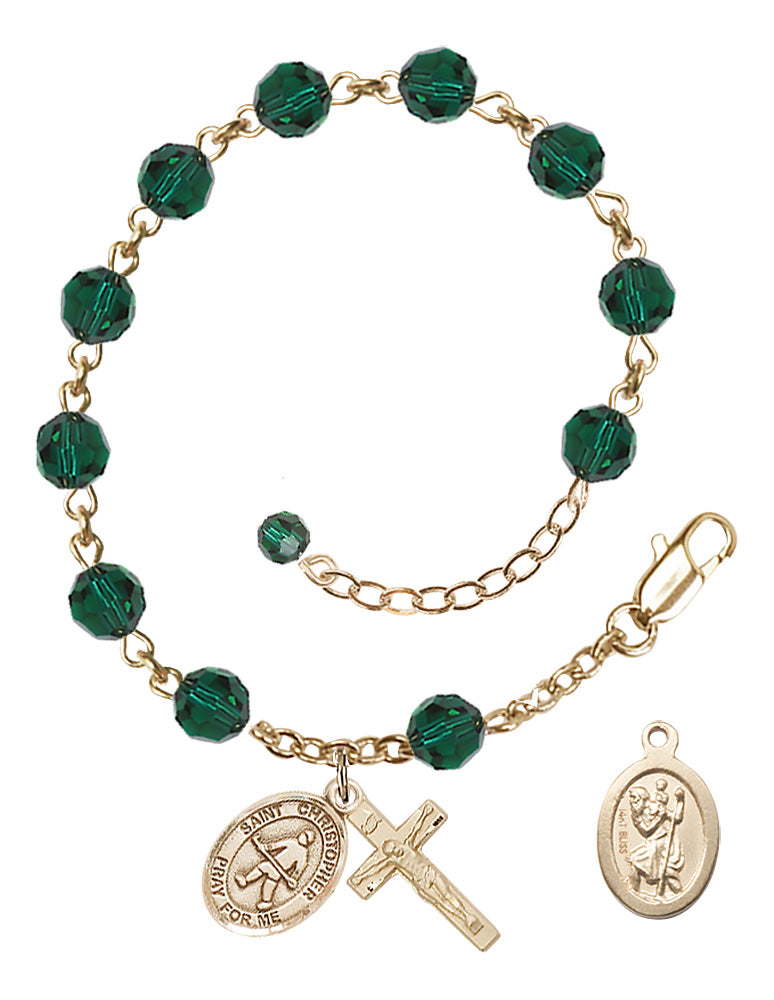Saint Christopher Field Hockey Rosary Bracelet - 14K Gold - May - Emerald