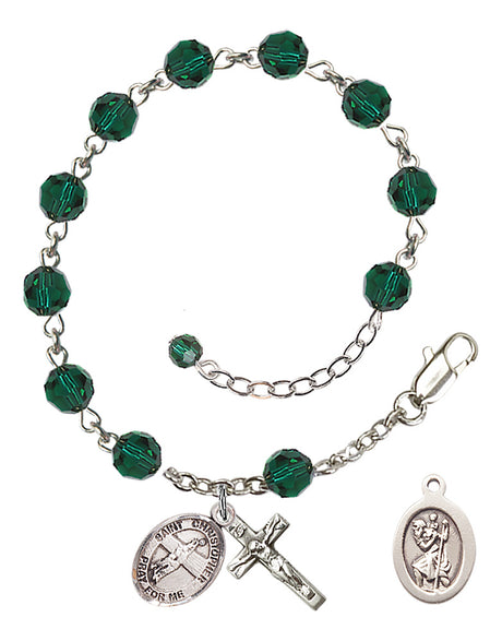 Saint Christopher Volleyball Rosary Bracelet - Sterling Silver - May - Emerald