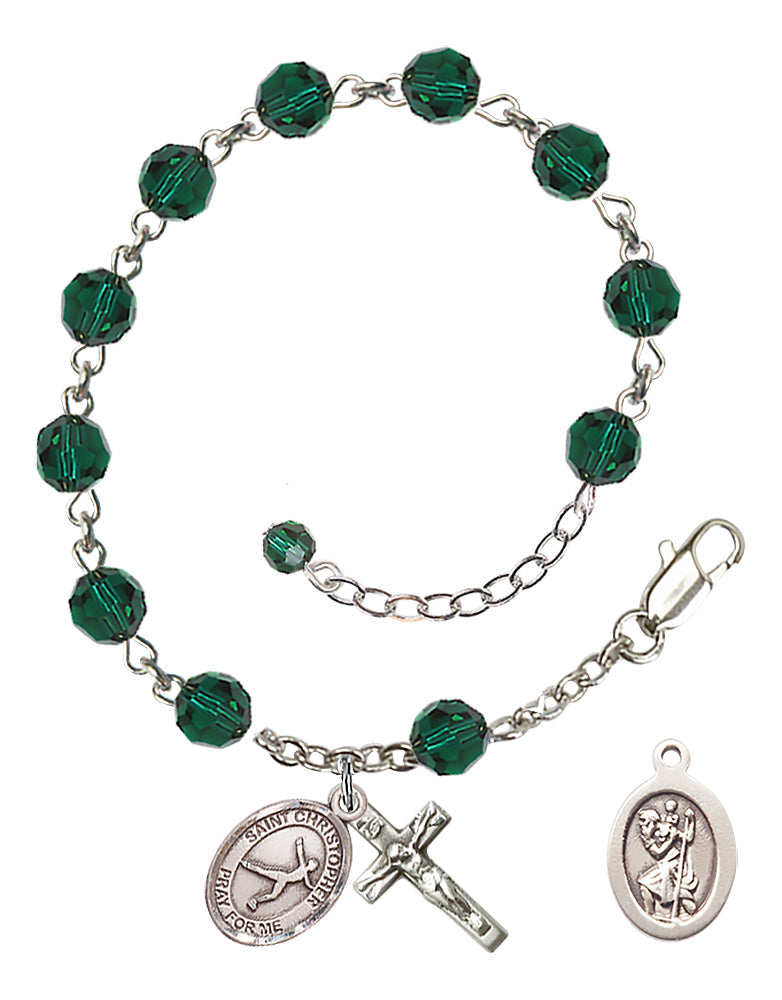 Saint Christopher Figure Skating Rosary Bracelet - Sterling Silver - May - Emerald