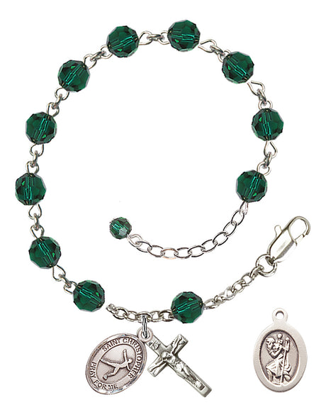 Saint Christopher Figure Skating Rosary Bracelet - Sterling Silver - May - Emerald
