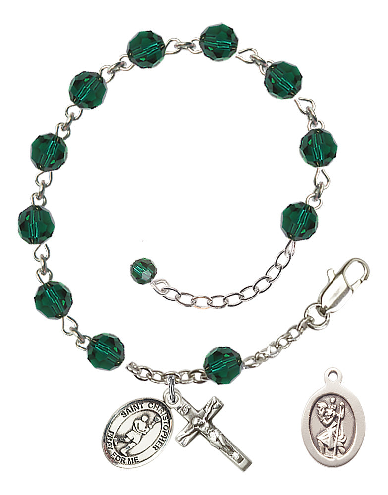 Saint Christopher Lacrosse Rosary Bracelet - Sterling Silver - May - Emerald