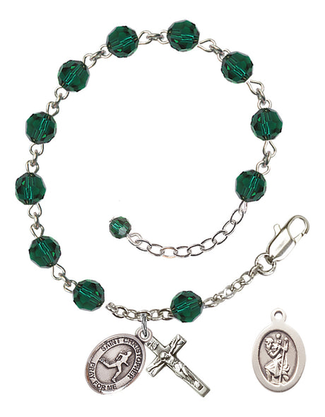 Saint Christopher Track and Field Rosary Bracelet - Sterling Silver - May - Emerald