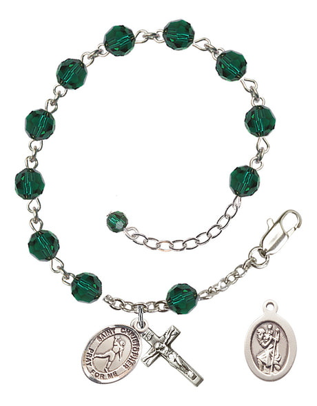 Saint Christopher Football Rosary Bracelet - Sterling Silver - May - Emerald
