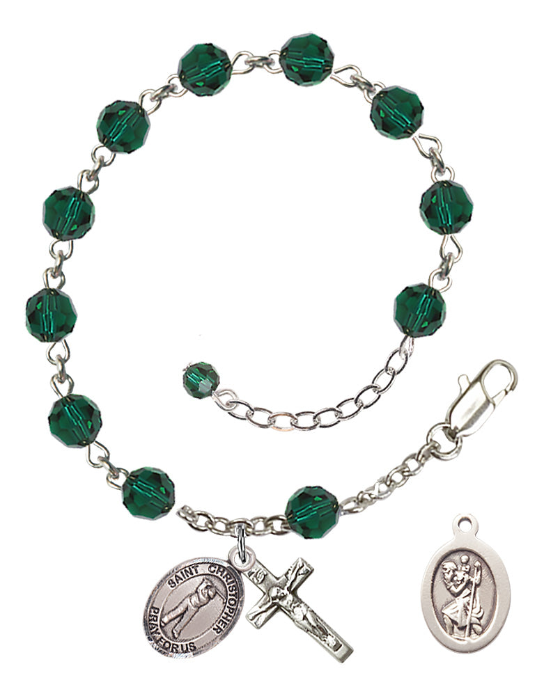 Saint Christopher Golf Rosary Bracelet - Sterling Silver - May - Emerald