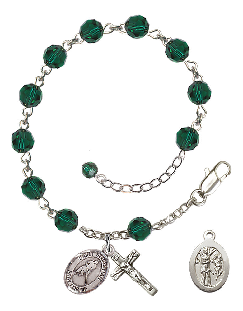 Saint Sebastian Ice Hockey Rosary Bracelet - Sterling Silver - May - Emerald