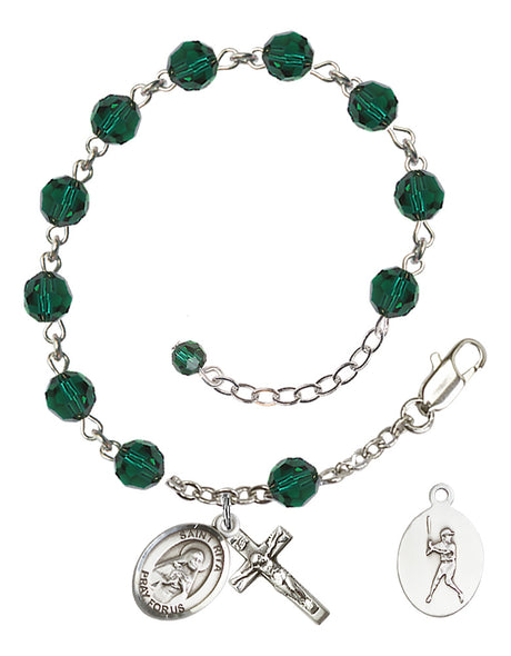 Saint Rita Baseball Rosary Bracelet - Sterling Silver - May - Emerald