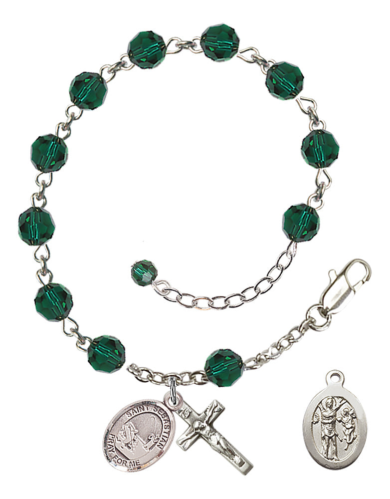 Saint Sebastian Fishing Rosary Bracelet - Sterling Silver - May - Emerald