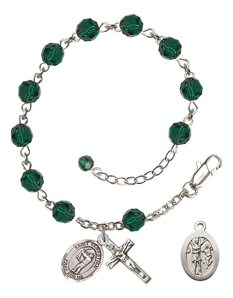 Saint Sebastian Archery Rosary Bracelet - Sterling Silver - May - Emerald