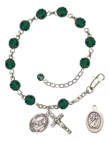 Saint Christopher Rodeo Rosary Bracelet - Sterling Silver - May - Emerald