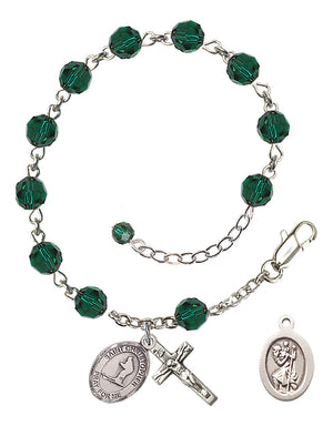 Saint Christopher Skiing Rosary Bracelet - Sterling Silver - May - Emerald