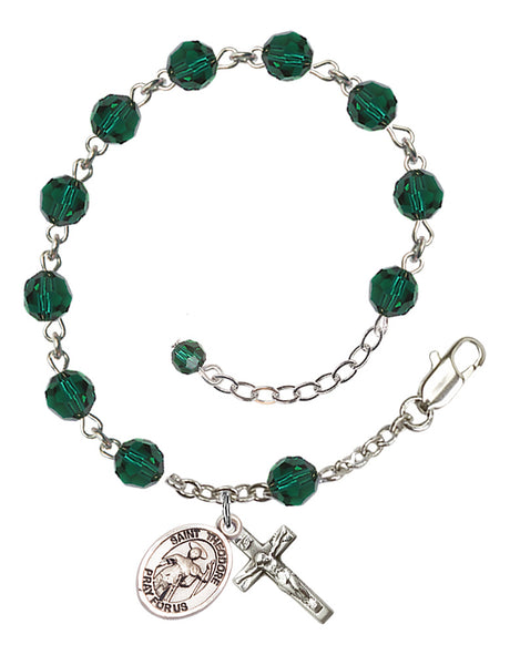 Saint Theodore Stratelates Rosary Bracelet - Sterling Silver - May - Emerald