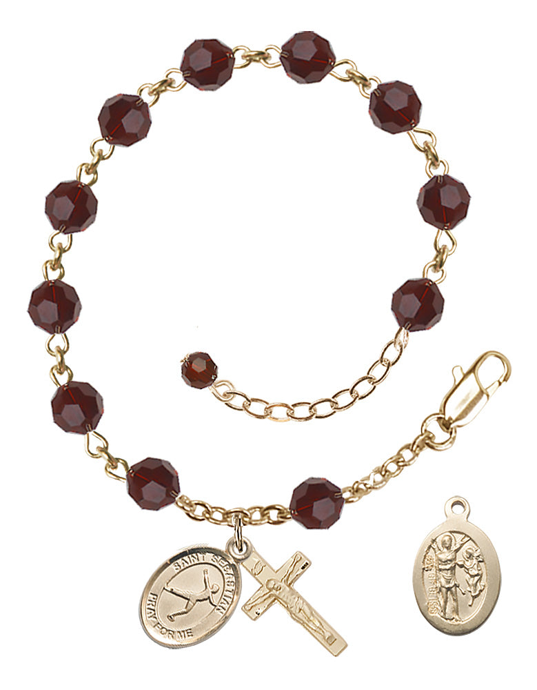 Saint Sebastian Figure Skating Rosary Bracelet - 14K Gold Filled - January - Garnet